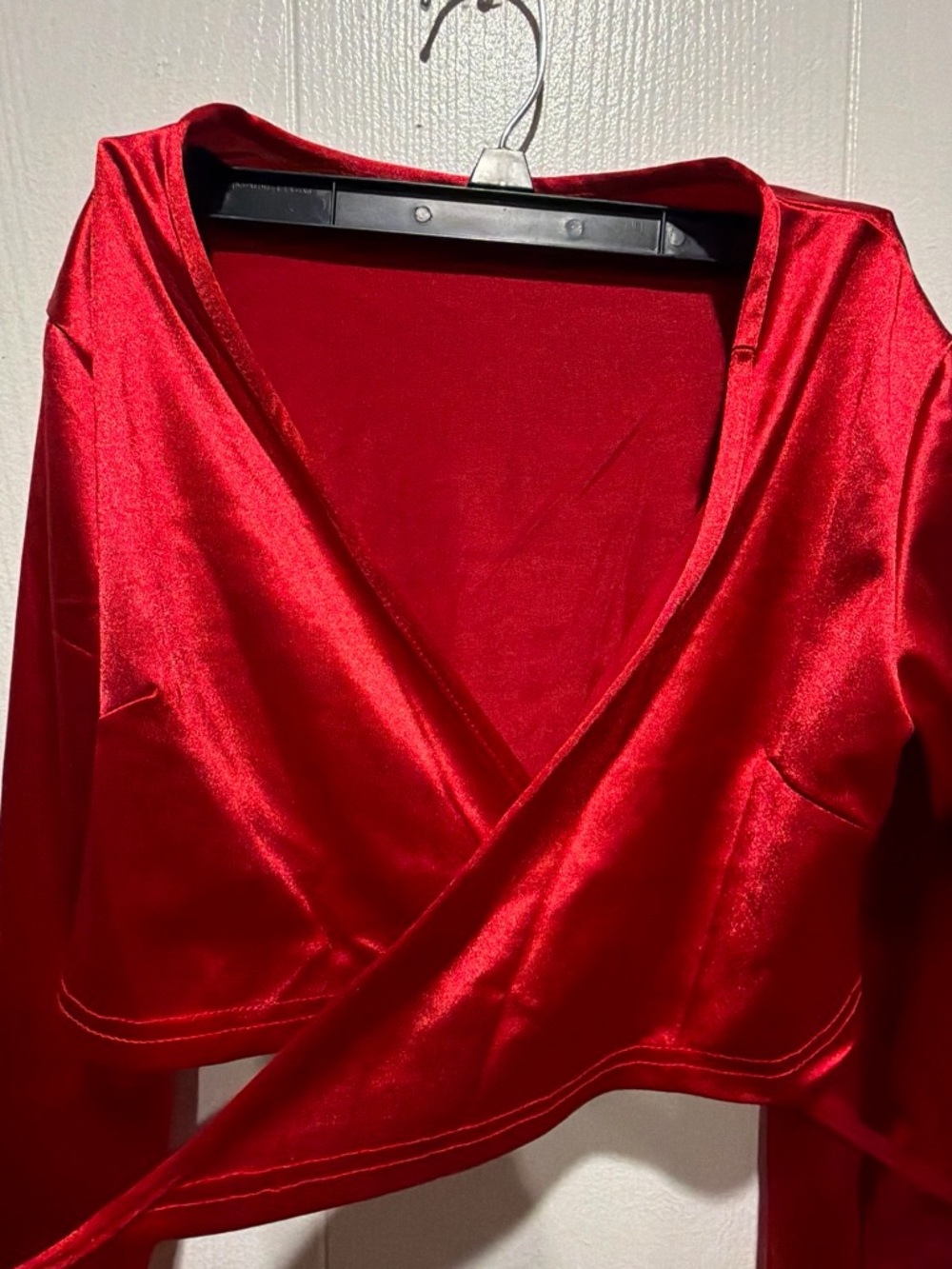Red Satin Wrap Crop Top with Long Sleeves